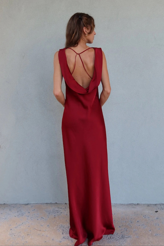Cowl-neck occasion dress with an open-back design