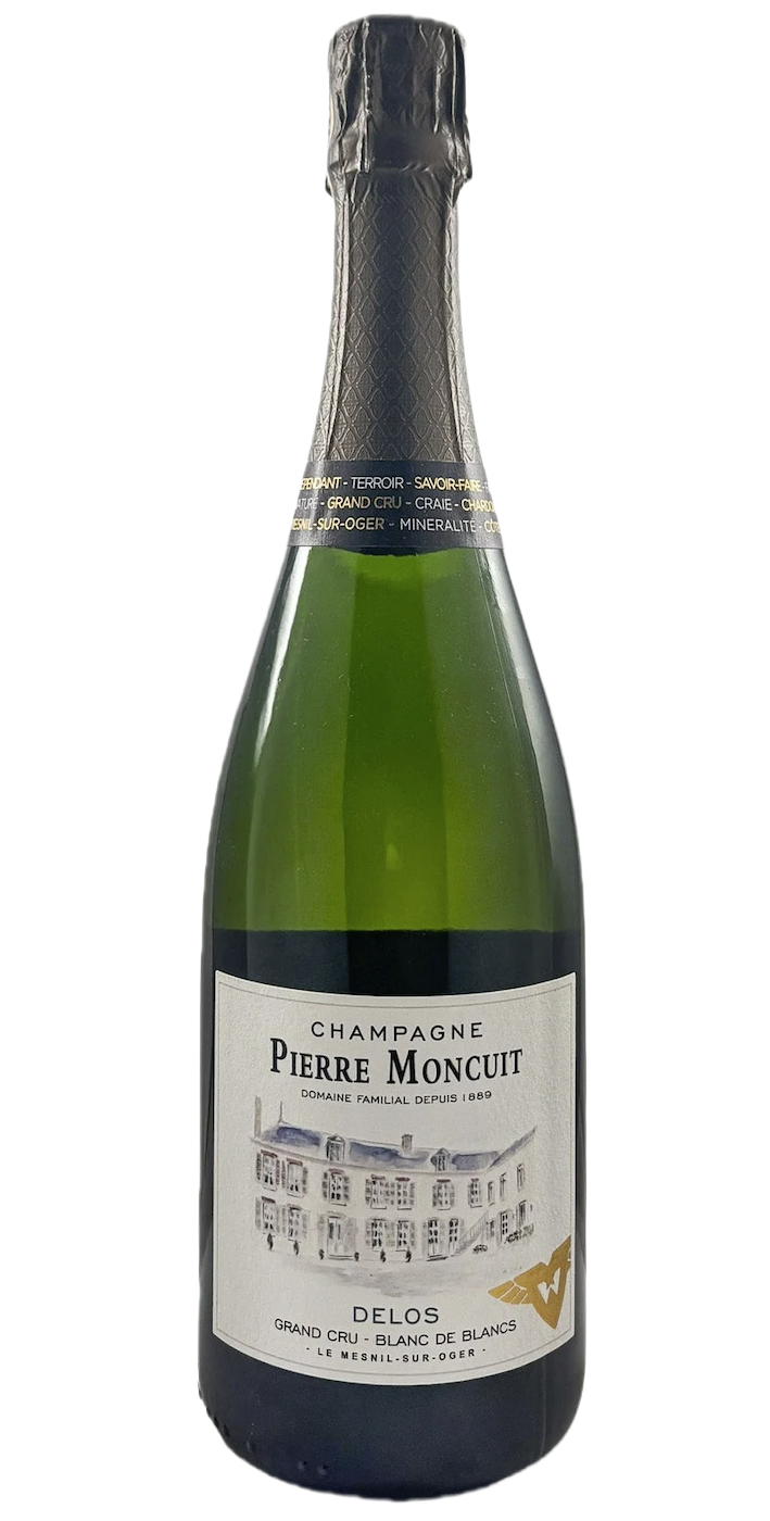 Green Champagne bottle with a white label and gold foil at the neck.