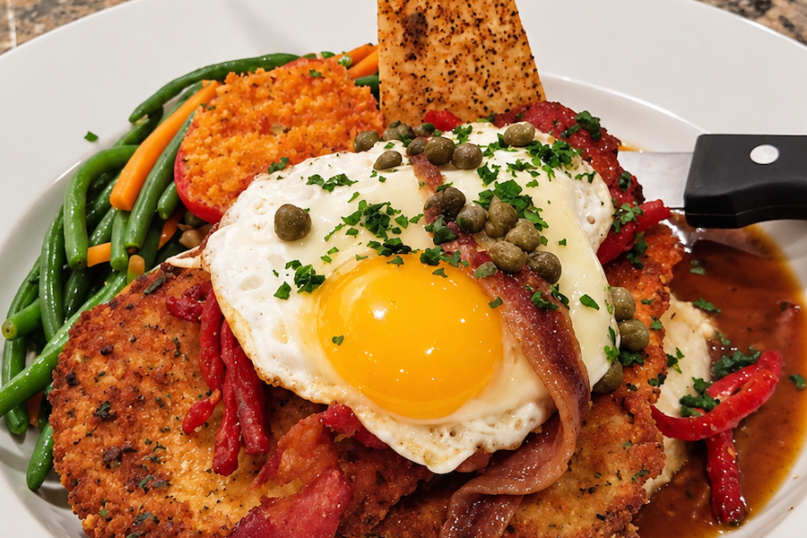 Schnitzel topped with a sunny-side-up egg and herbs, served with vegetables on a white plate.